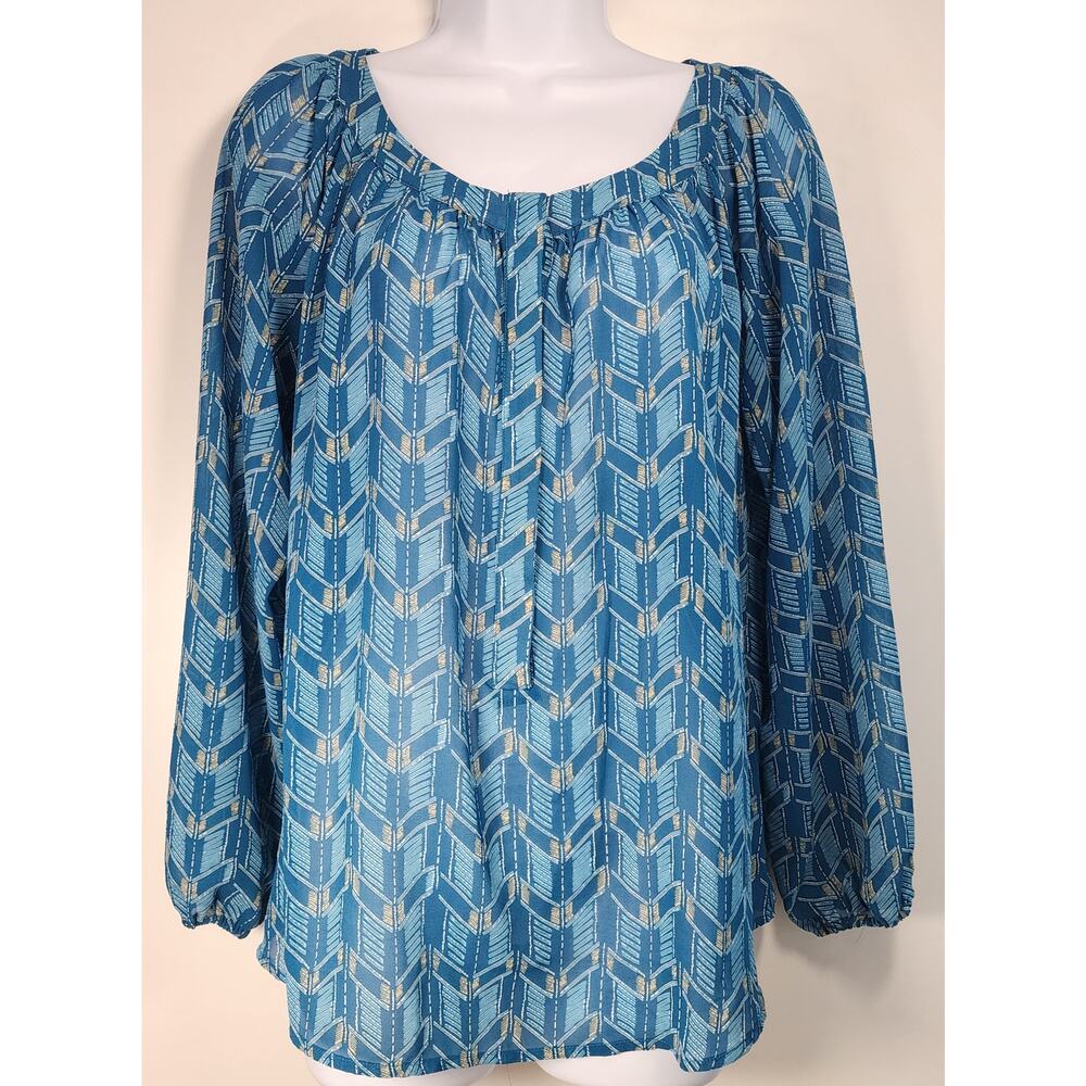 Ariat Blue Geometric Boho Peasant Blouse Long Sleeve Small